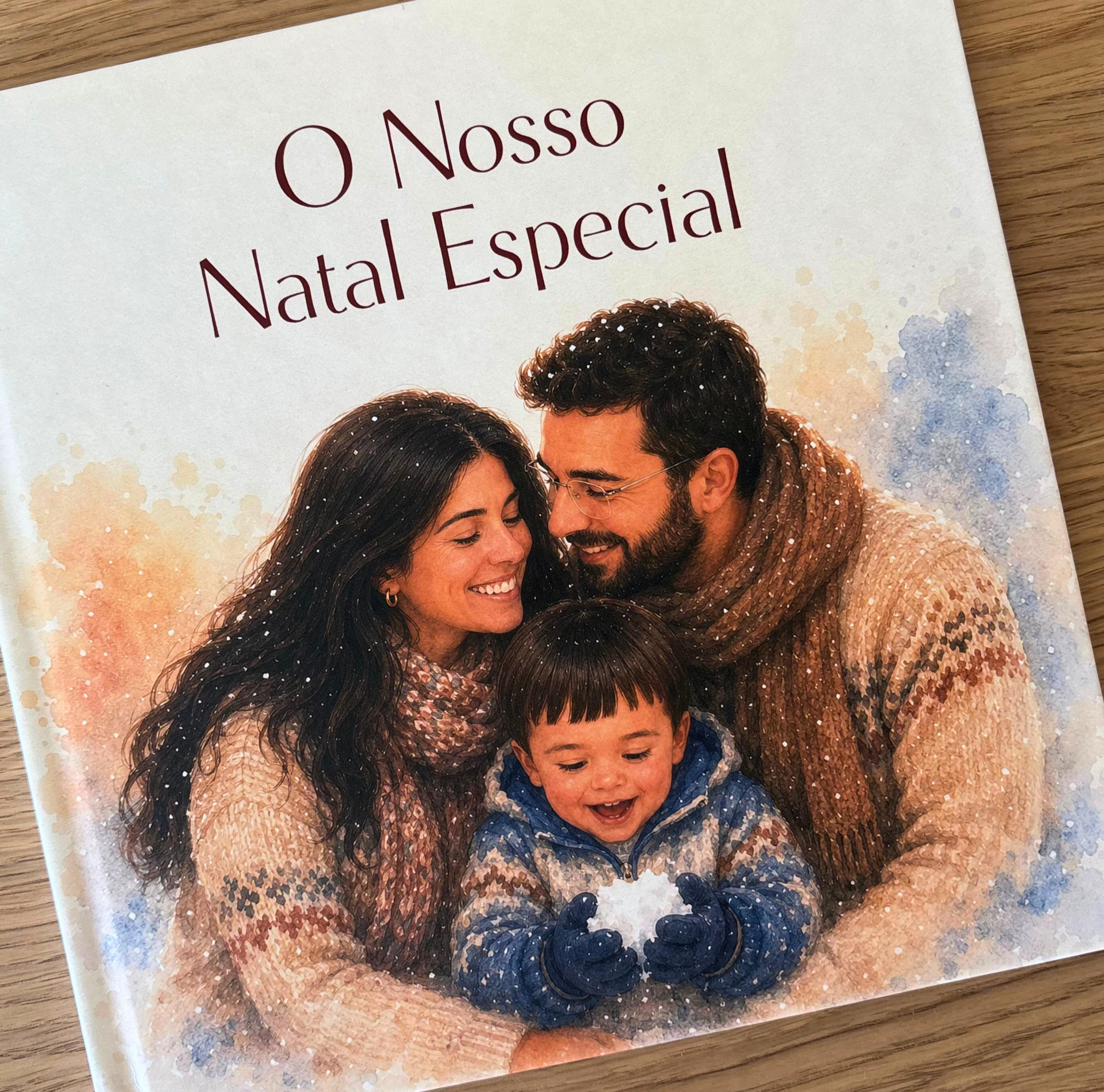 Personalised book cover, family Christmas holiday, watercolour-style illustration