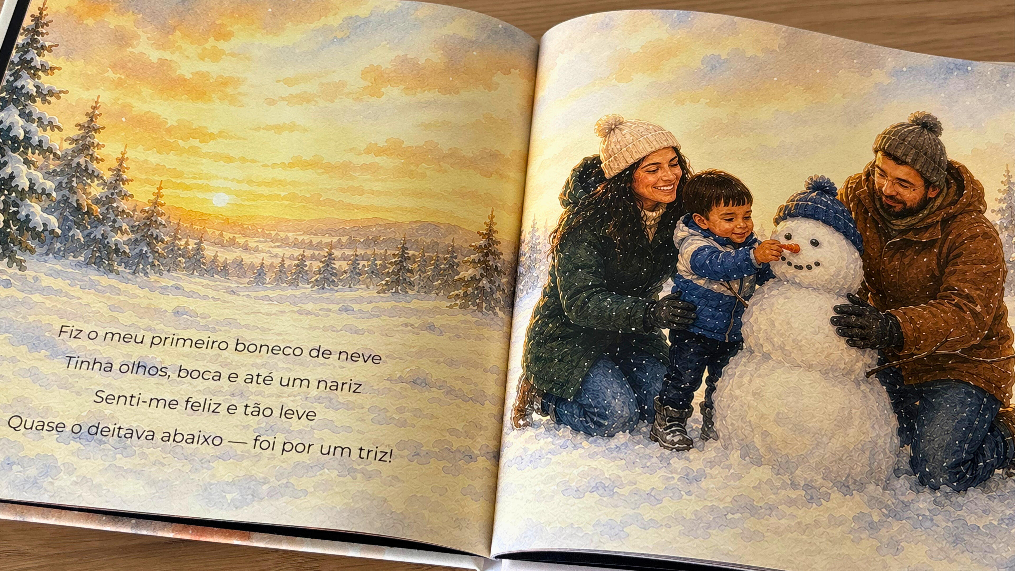 Pages from personalised book, family Christmas holiday, watercolour-style illustration