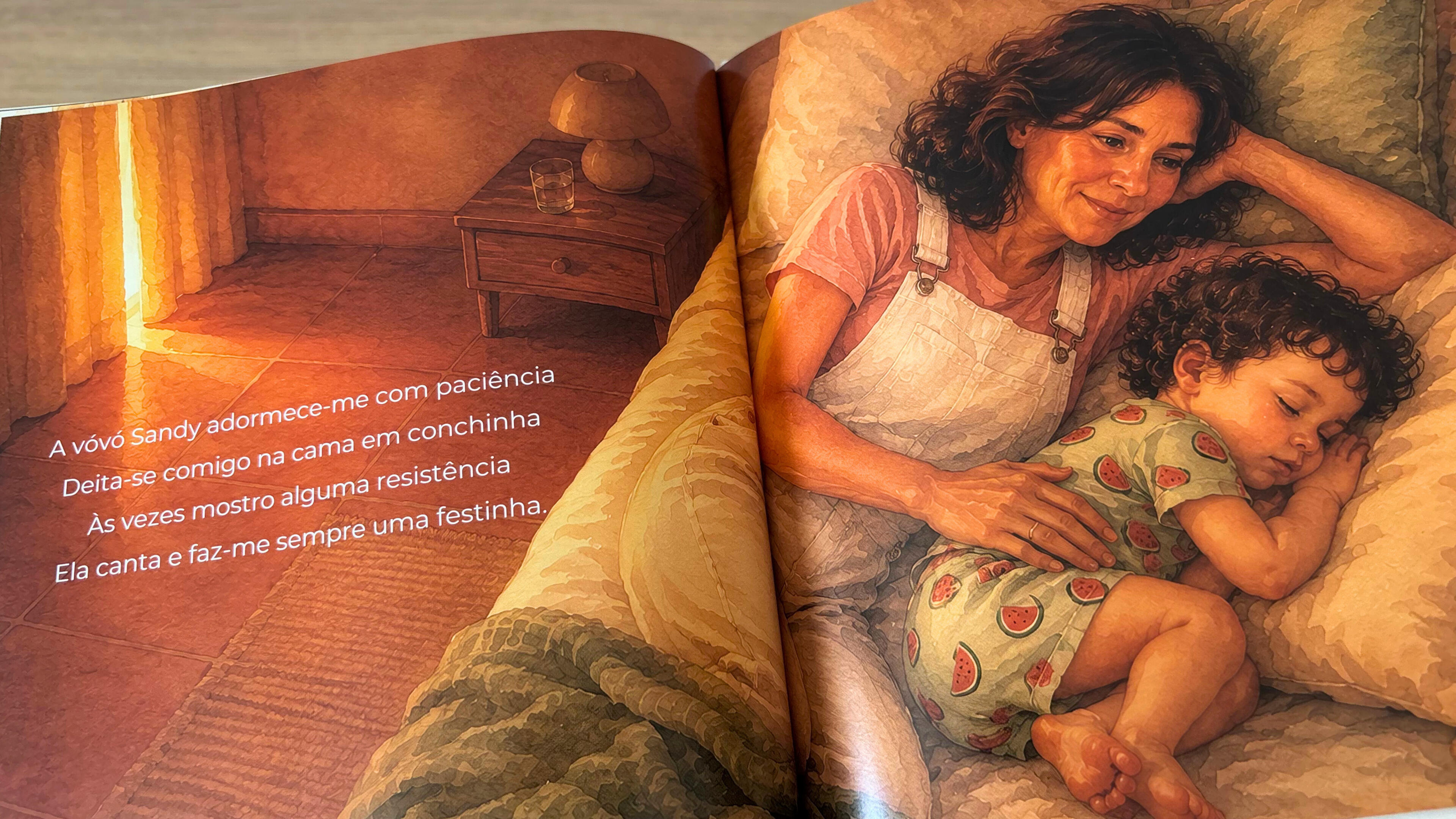Pages from personalised book, grandmother and grandson story, watercolour-style illustration