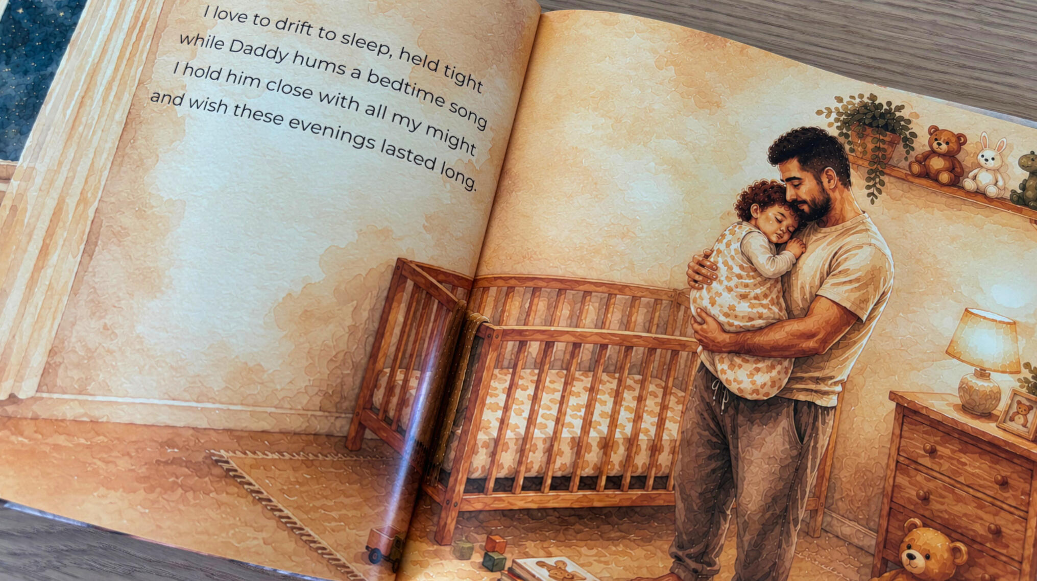 Pages from personalised book, father and son story, watercolour-style illustration